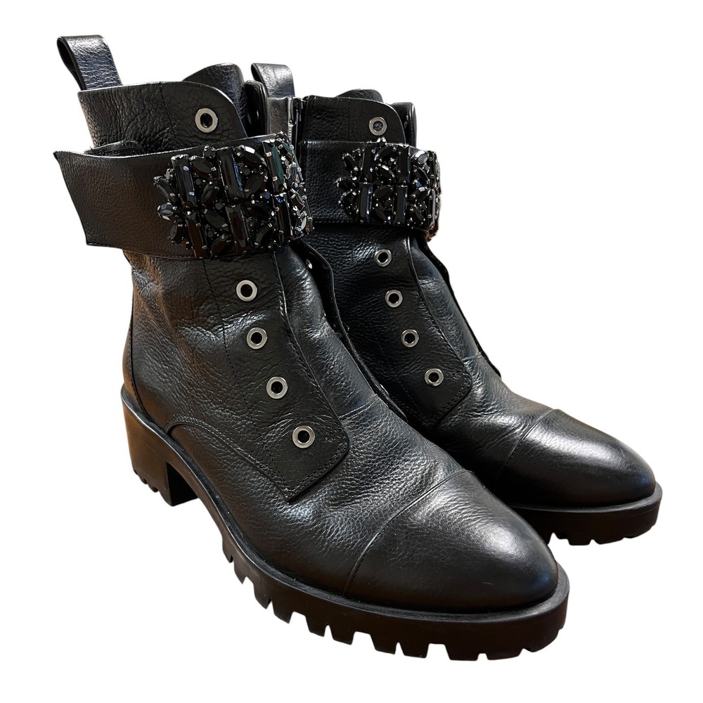 KARL LAGENFELD Pippa Combat Boots 9 Black Jeweled Leather Edgy Whimsigoth Biker